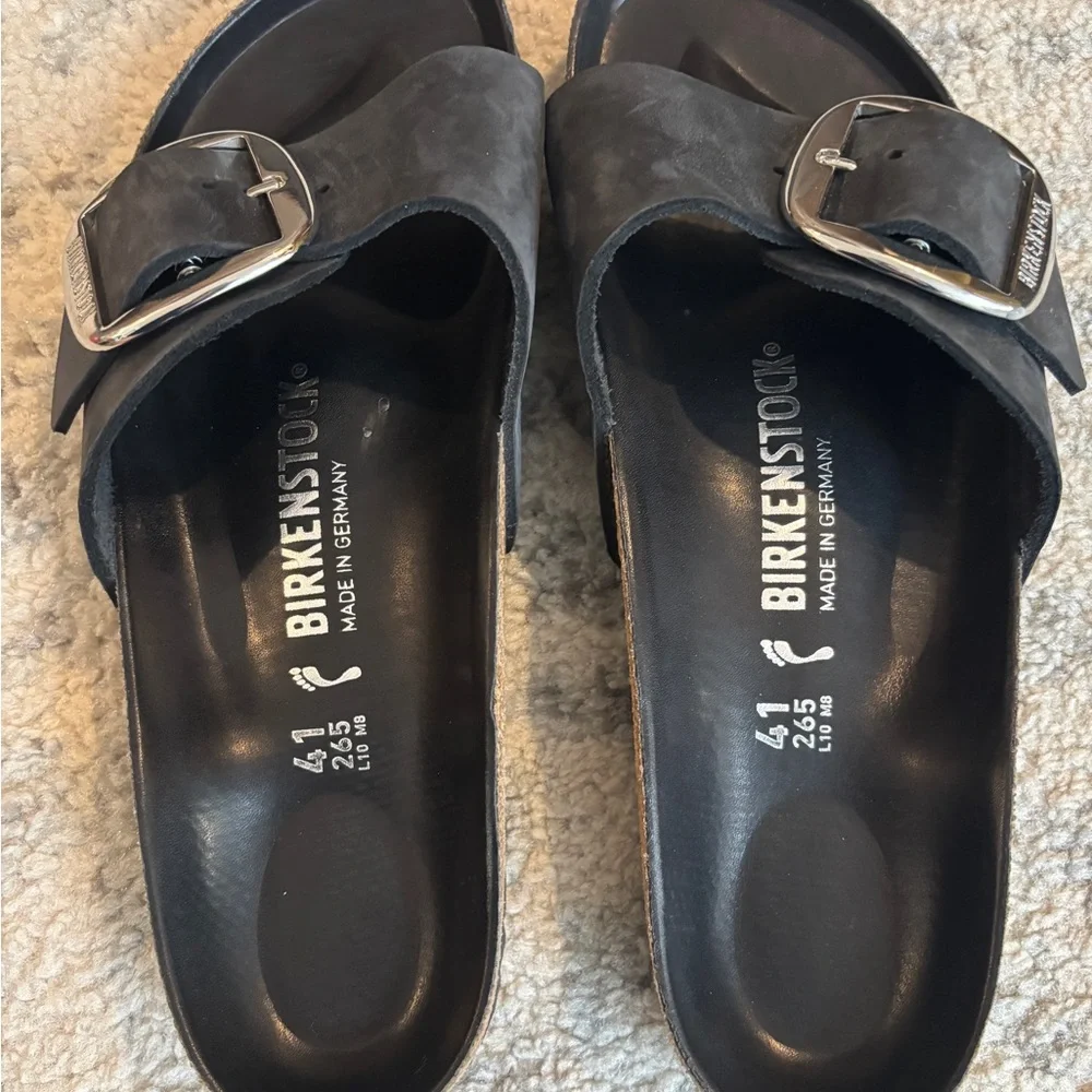 Birkenstock Madrid Black Slide Sandals with Large Silver Buckles - Picture 2 of 6